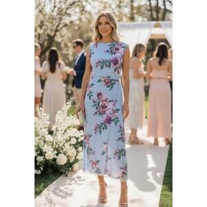 FREE PEOPLE DRESS BLUE PINK FLORAL RESORT VACATION COASTAL CASUAL WEDDING GUEST